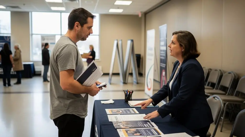 Une adulte discute avec un recruteur derrière une table de recrutement dans un hall de collège, un diplôme sous le bras.