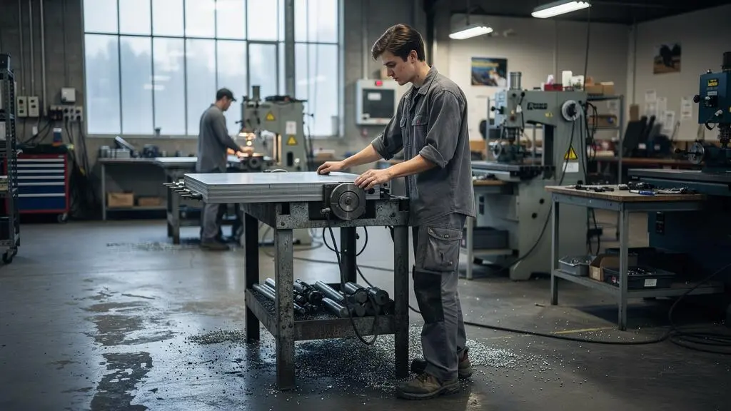 Un apprenti travaille une pièce métallique sur une machine industrielle dans un atelier de formation professionnelle au Québec.