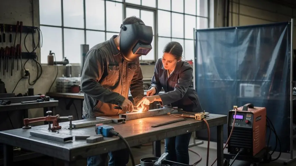 Un adulte suit un exercice pratique de soudure encadré par une instructrice dans un atelier de formation professionnelle au Québec.