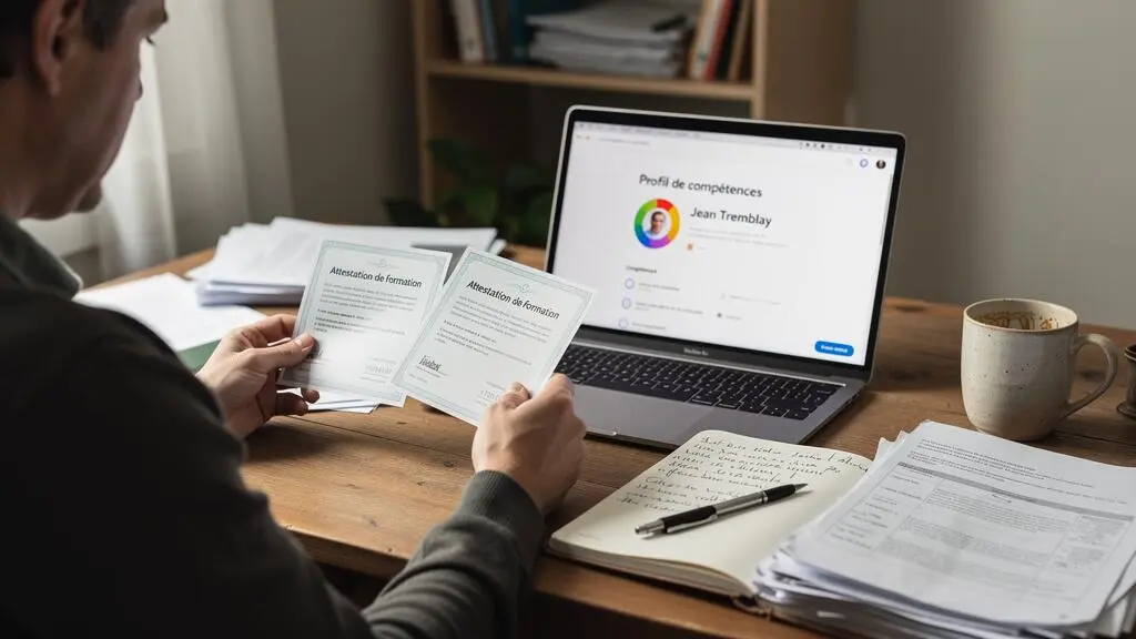 Une personne assise à un bureau compare une attestation de formation imprimée avec une page de badge numérique affichée sur un ordinateur portable.