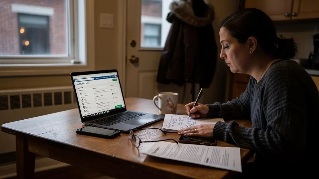Une femme compare des cours en ligne sur son ordinateur portable tout en prenant des notes sur une liste imprimée, à la table de sa cuisine.