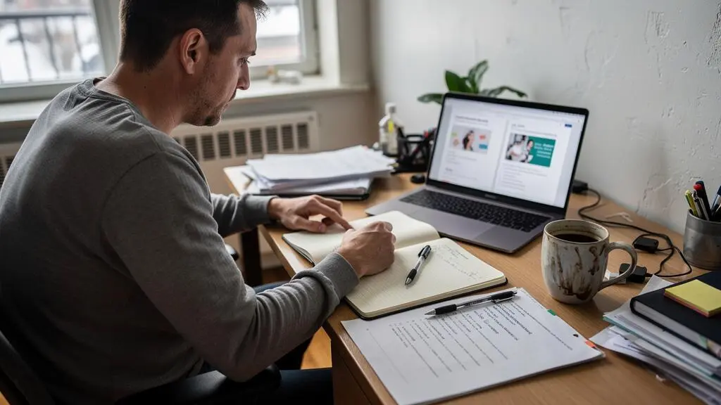 Une personne assise à un bureau compare un plan de cours imprimé et une page de formation en ligne sur un ordinateur portable avant de s'inscrire.