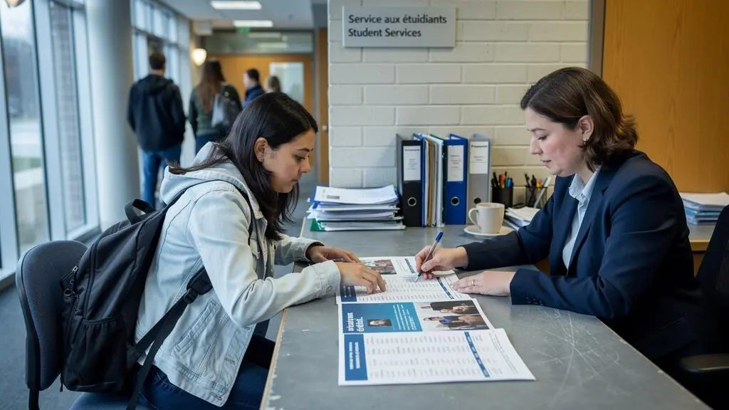 Une future étudiante échange avec un conseiller d'orientation au comptoir des services aux étudiants d'un cégep québécois, des brochures de programmes étalées entre eux.