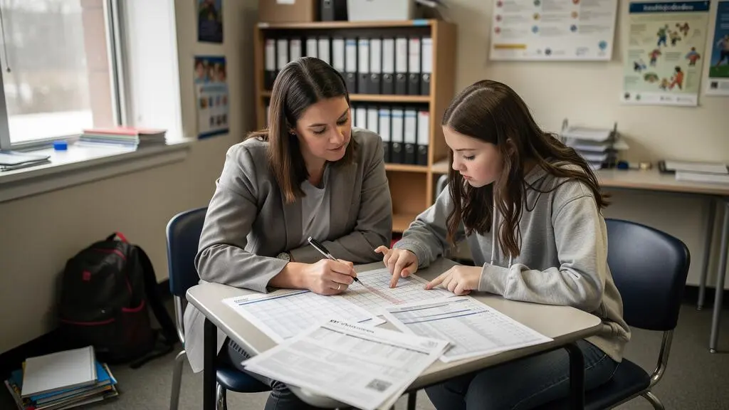 Une conseillère d'orientation et une élève de secondaire 5 examinent ensemble des grilles de cheminement et un bulletin scolaire dans un bureau d'orientation au Québec.