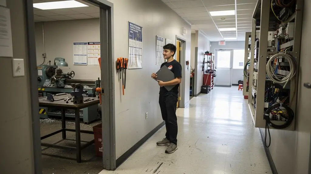 Un jeune adulte tenant un dossier observe les ateliers d'un centre de formation professionnelle au Québec, portes ouvertes sur des équipements de usinage et d'électricité.