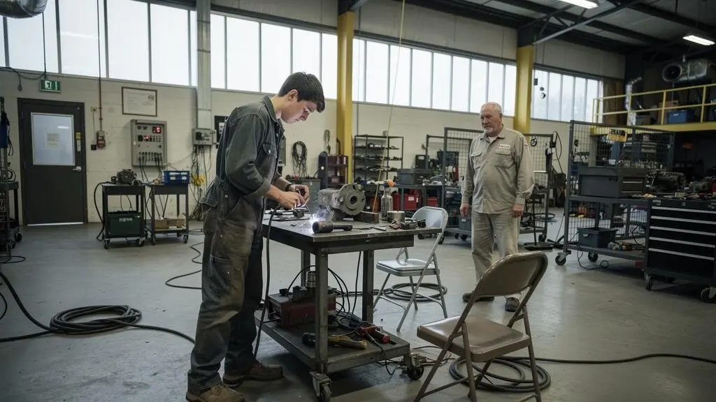 Un élève en formation professionnelle travaille dans un atelier de centre de formation au Québec, concentré sur une tâche pratique.