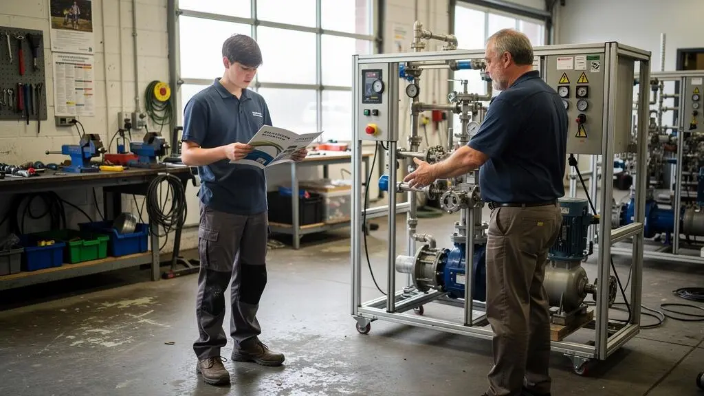 Un jeune adulte tenant une brochure de programme discute avec un formateur devant un poste d'équipement technique dans un atelier de formation.