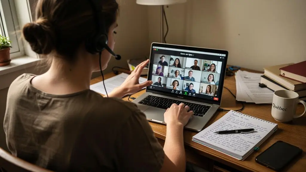Un étudiant casqué suit une classe virtuelle sur son ordinateur portable et lève la main pour intervenir, un carnet de notes ouvert sur le bureau.