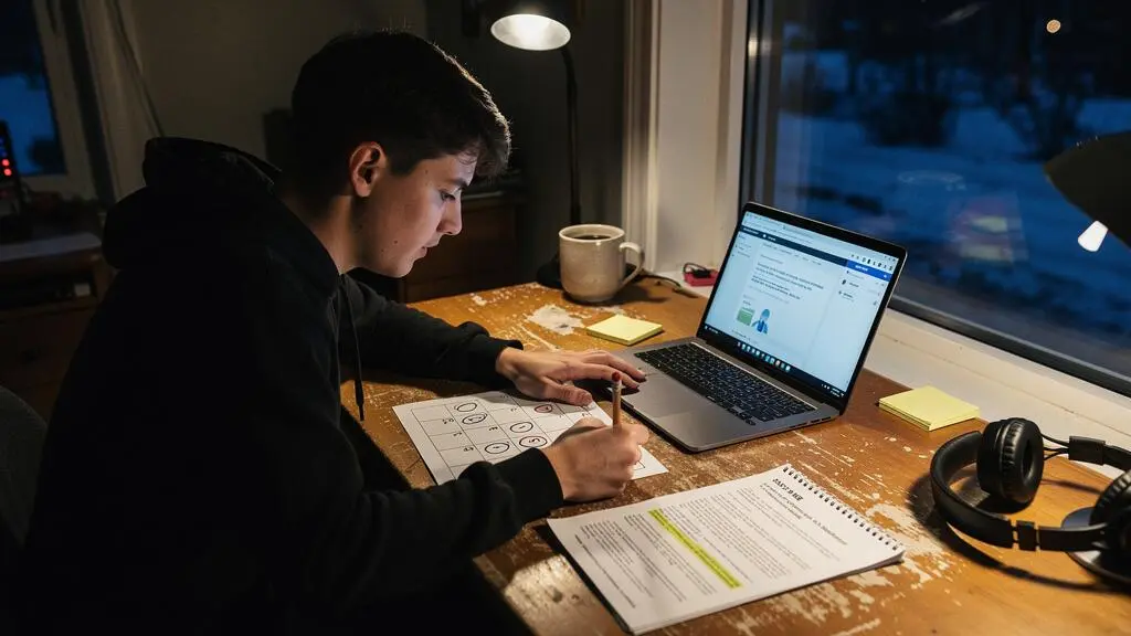 Une personne étudie à distance le soir à son bureau, comparant un calendrier papier de cours avec son ordinateur portable.