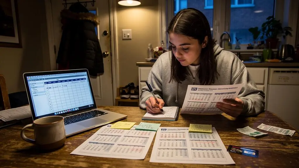 Une étudiante compare deux calendriers de cours imprimés et son horaire de travail sur une table de cuisine à Montréal.