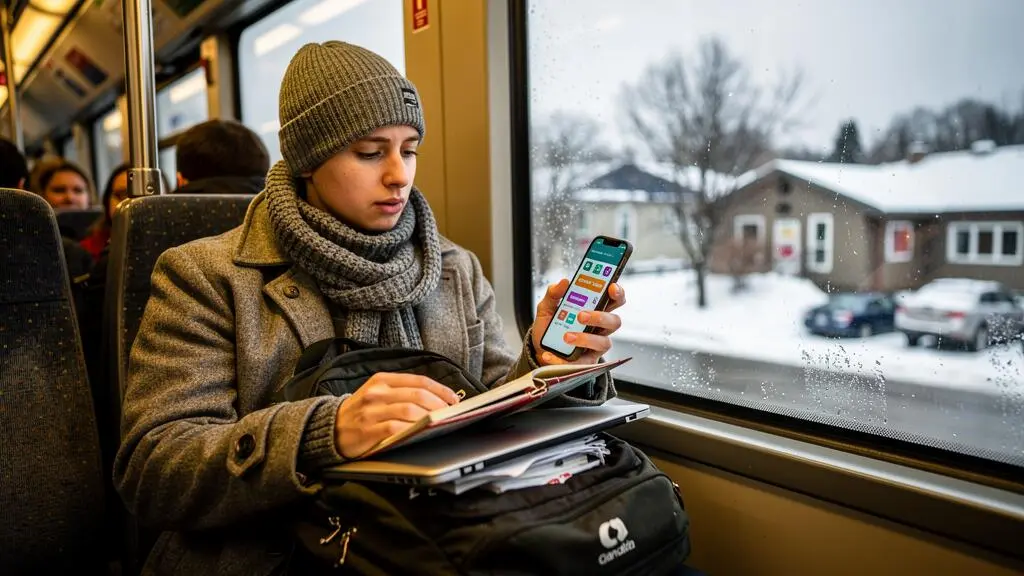 Une étudiante assise dans un autobus en hiver au Québec consulte son téléphone tout en tenant un agenda papier sur ses genoux, sac à dos et ordinateur portable à ses côtés.