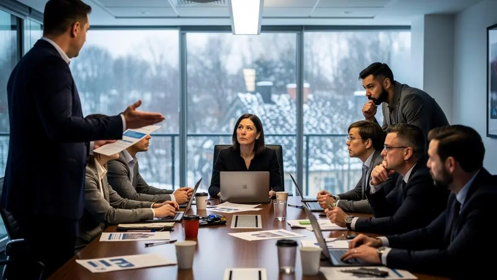 Une employée assise à une table de réunion reprend son calme pendant une discussion tendue entre collègues dans un bureau éclairé par la lumière d'hiver.