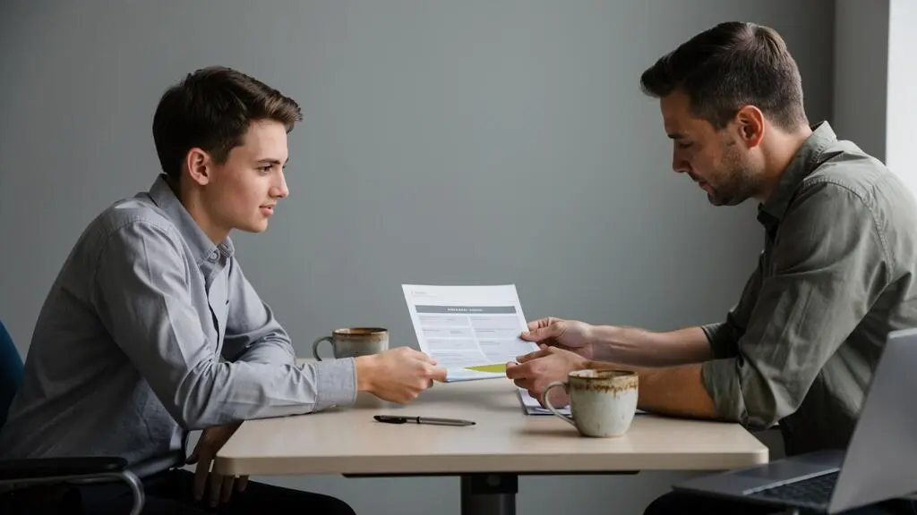 Un jeune professionnel tend une proposition d'une page à un gestionnaire assis en face de lui, dans un petit bureau au Québec.