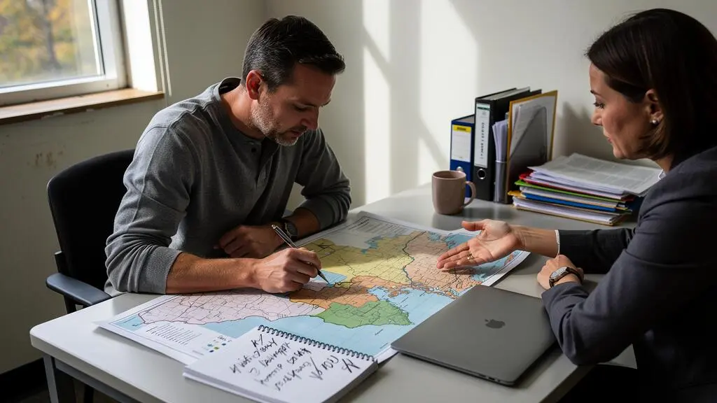 Une personne en orientation de carrière et une conseillère examinent une carte des régions du Québec posée sur une table de bureau.