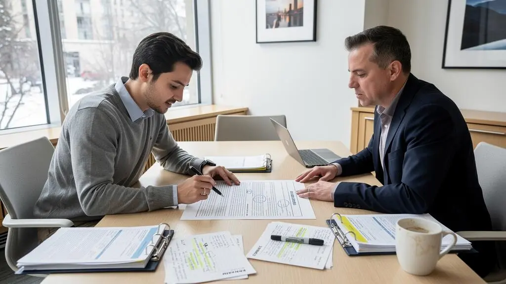 Un employé présente un plan de transition imprimé à un gestionnaire attablé dans un bureau québécois éclairé par la lumière du jour.