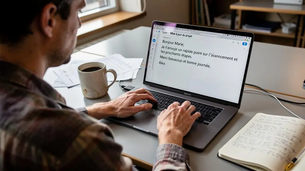 Une employée rédige un courriel court sur son ordinateur portable dans un bureau québécois, avec des notes manuscrites à côté du clavier.