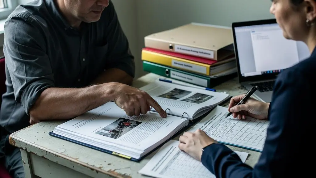 Une travailleuse et un conseiller examinent ensemble un classeur de documents de travail lors d'une rencontre d'évaluation des acquis dans un centre de formation au Québec.