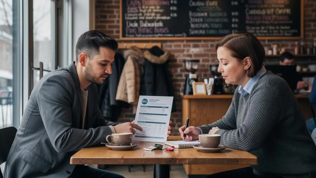 Chercheur d'emploi discutant de son CV avec un professionnel lors d'un café-réseau dans un café du Québec.