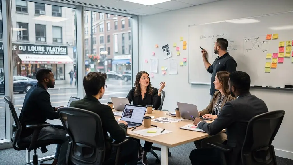 Une équipe de collègues en réunion dans un bureau de Montréal, l'une d'entre elles pose une question pendant que les autres se tournent vers elle.