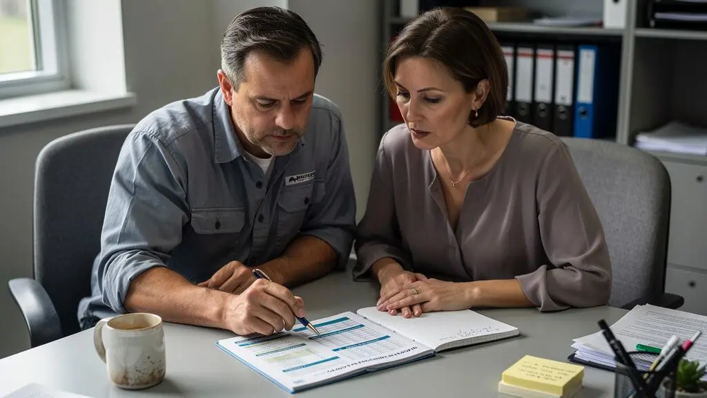 Un technicien et sa superviseuse examinent ensemble un catalogue de programmes de formation continue posé sur une table de réunion au Québec.